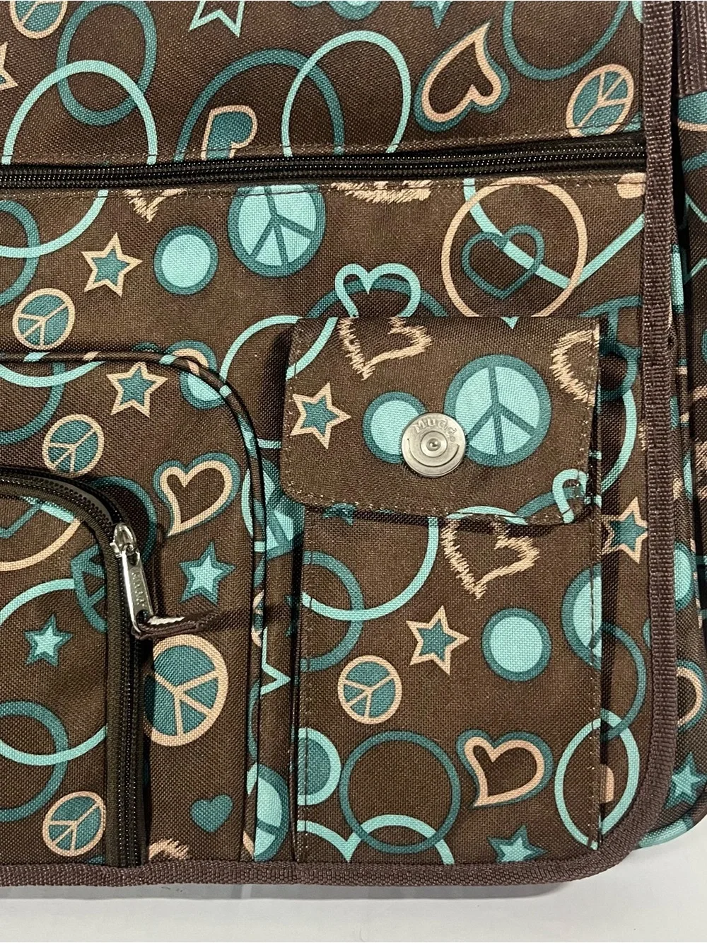 Mudd Brown Canvas Laptop Crossbody with Teal & Tan Peace Print